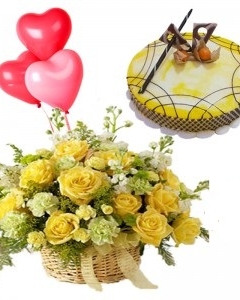 Mocha Cake+3 Red Heart Balloons+flower basket
