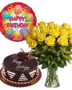 12 Yellow/orange  Roses with Chocolate Cake and Balloon