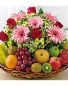 Flowers and  8 items mix fruit basket