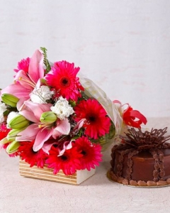 Pink Lilies and Gerberas  with Chocolate Cake