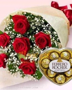 6 imported roses w/ferrero heart